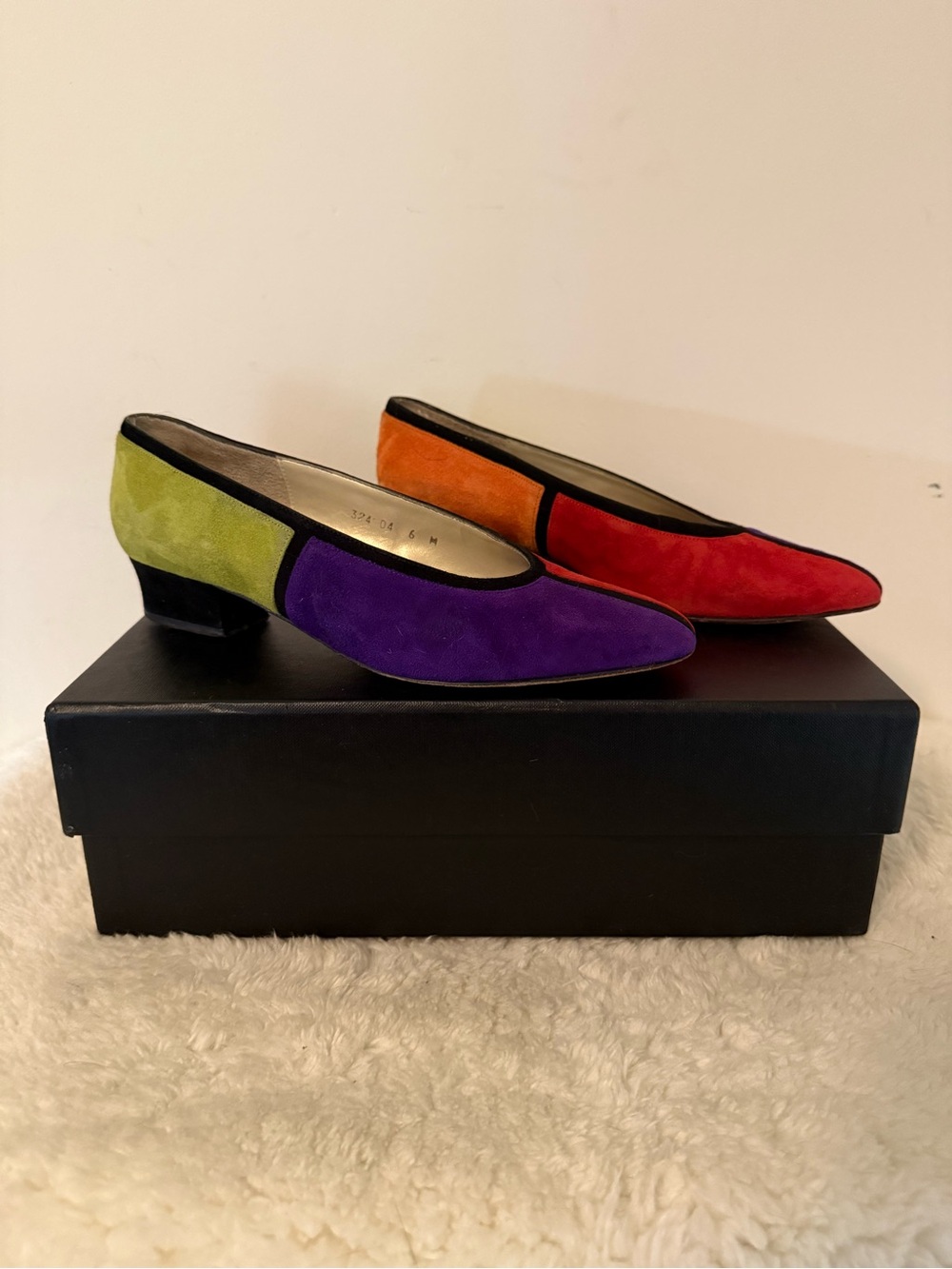 80s Vintage Evan Picone Suede Shoes Color Block Purple, Red, Orange & Lime